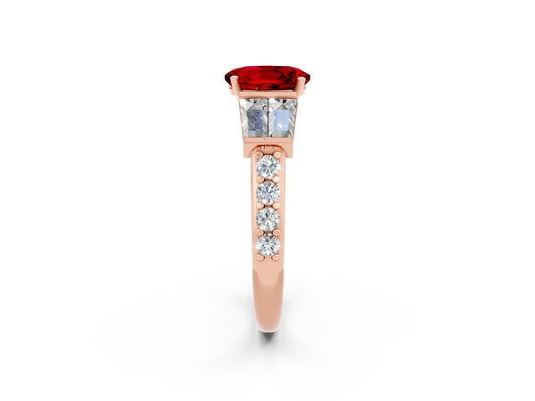Rose gold Oval Cut Ruby Engagement Ring with Baguette Side Stones and Channel Set Band