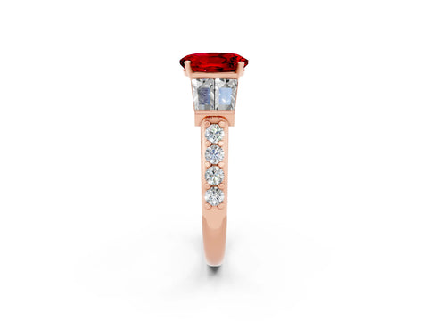 Rose gold Oval Cut Ruby Engagement Ring with Baguette Side Stones and Channel Set Band_2