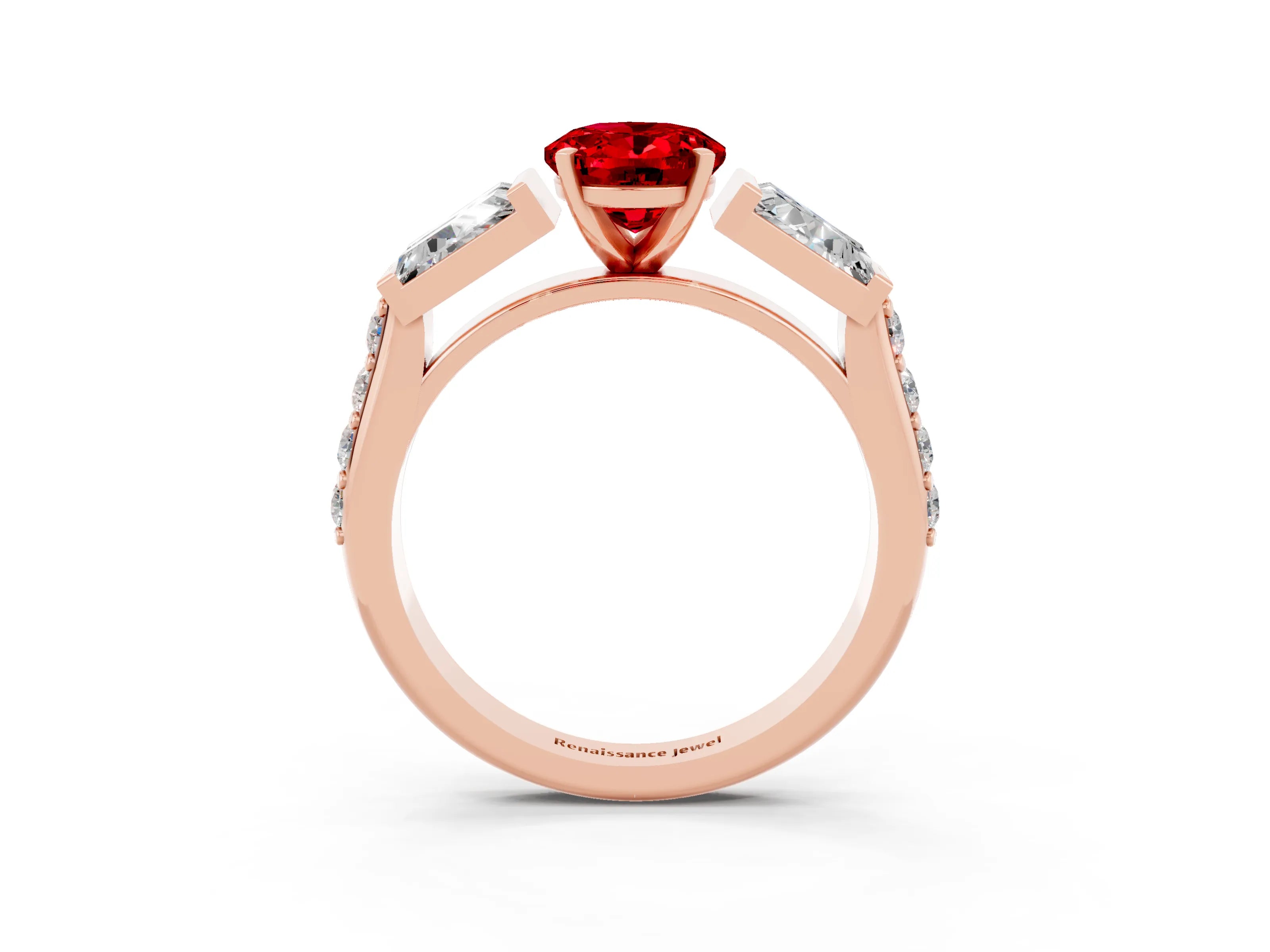 Rose gold Oval Cut Ruby Engagement Ring with Baguette Side Stones and Channel Set Band_3