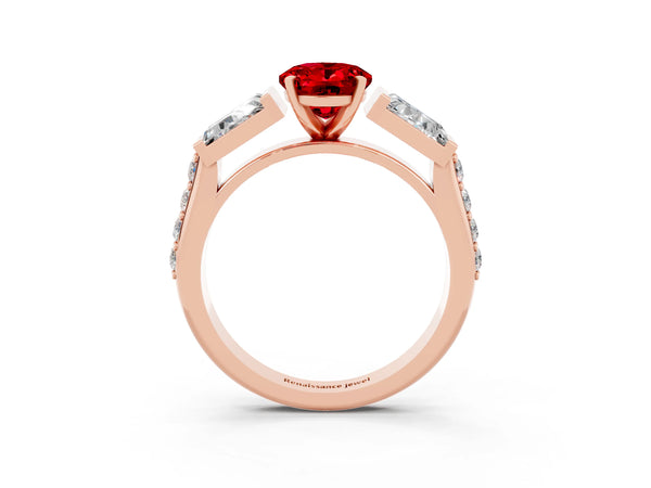 Rose gold Oval Cut Ruby Engagement Ring with Baguette Side Stones and Channel Set Band