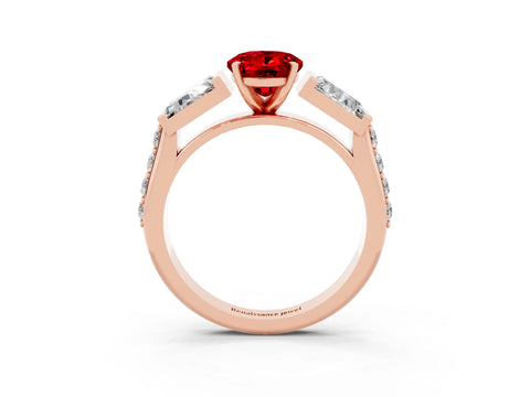 Rose gold Oval Cut Ruby Engagement Ring with Baguette Side Stones and Channel Set Band_3