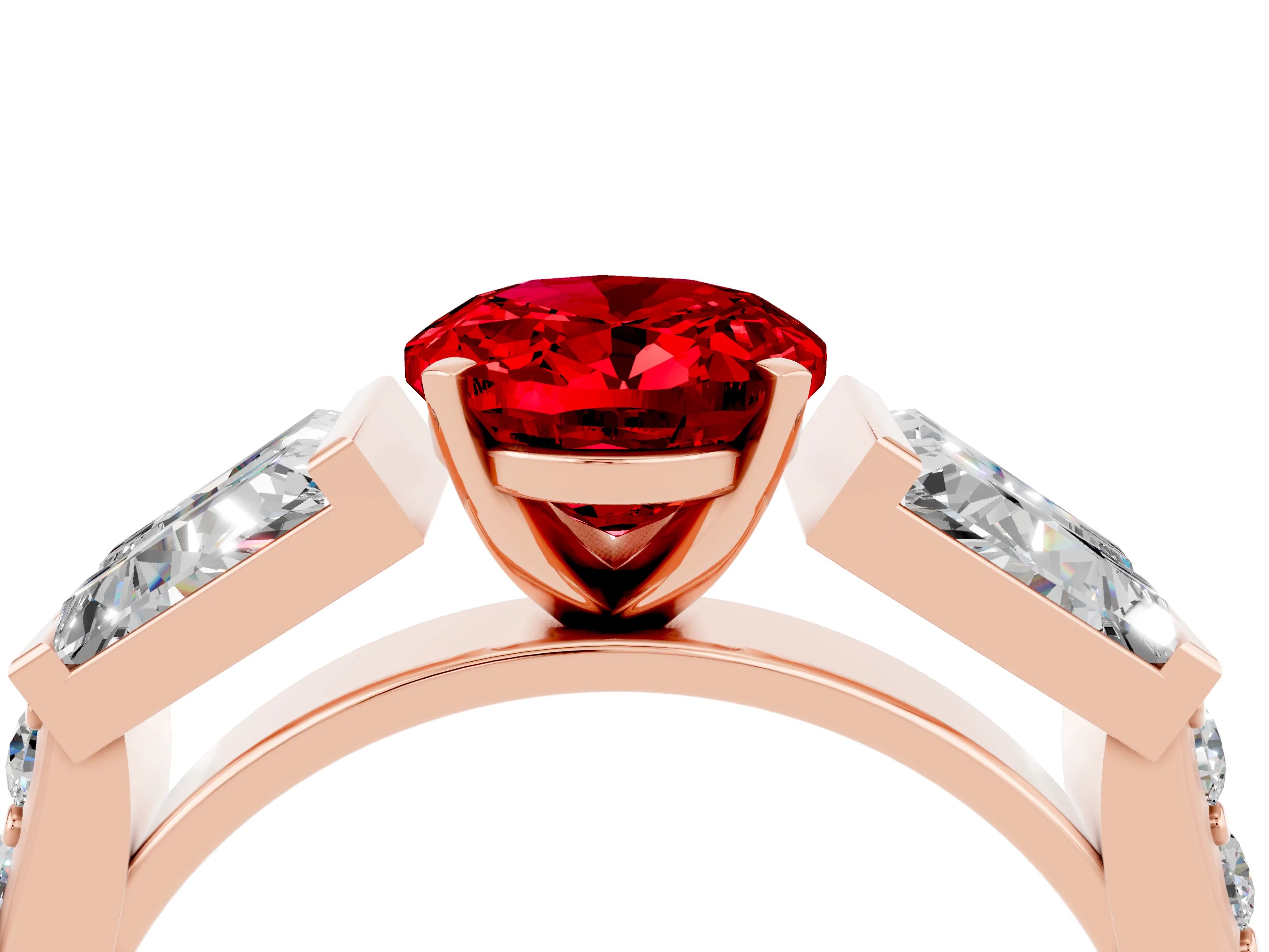 Rose gold Oval Cut Ruby Engagement Ring with Baguette Side Stones and Channel Set Band_4