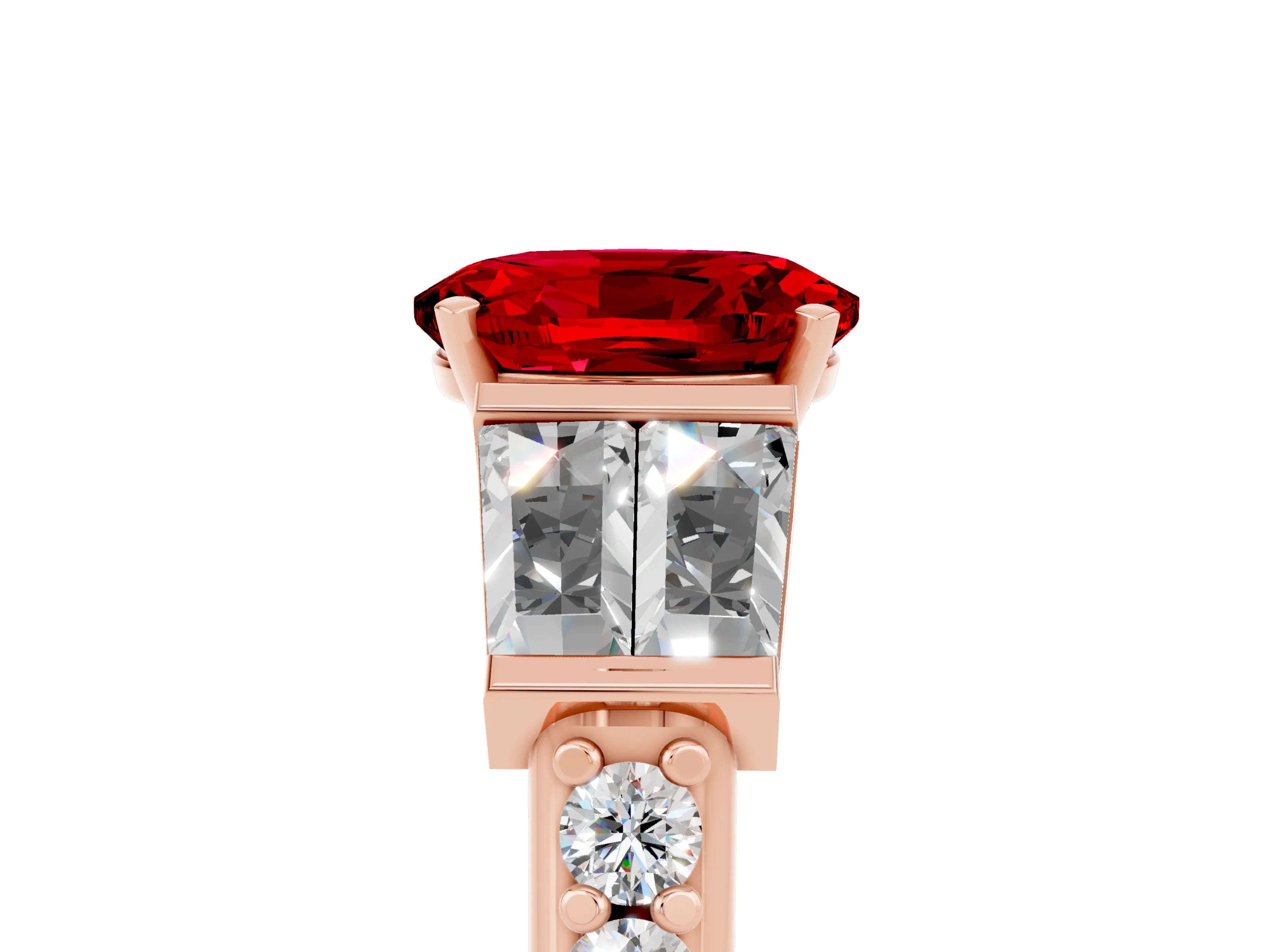 Rose gold Oval Cut Ruby Engagement Ring with Baguette Side Stones and Channel Set Band_5