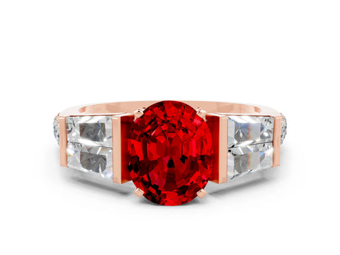 Rose gold Oval Cut Ruby Engagement Ring with Baguette Side Stones and Channel Set Band