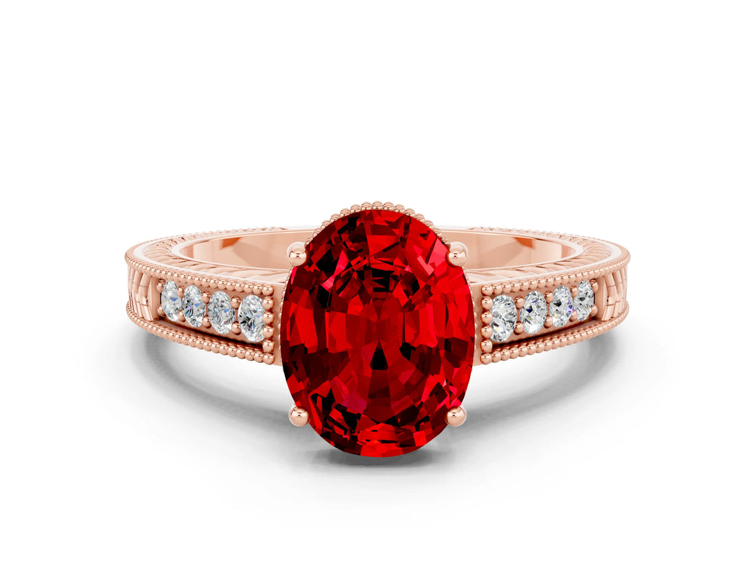Rose gold Oval Cut Ruby Engagement Ring with Milgrain Channel Set Band and Prong Setting