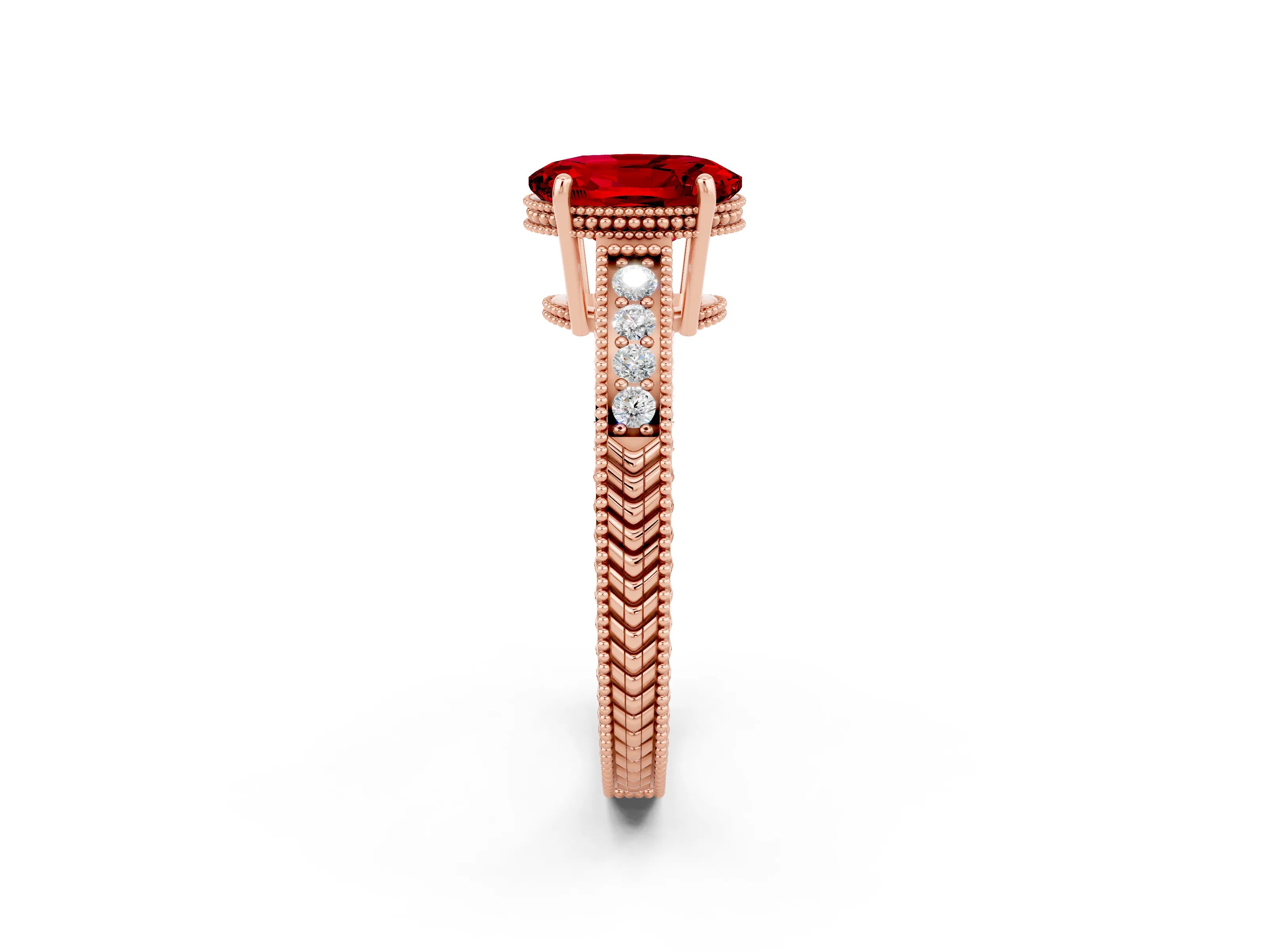 Rose gold Oval Cut Ruby Engagement Ring with Milgrain Channel Set Band and Prong Setting_2
