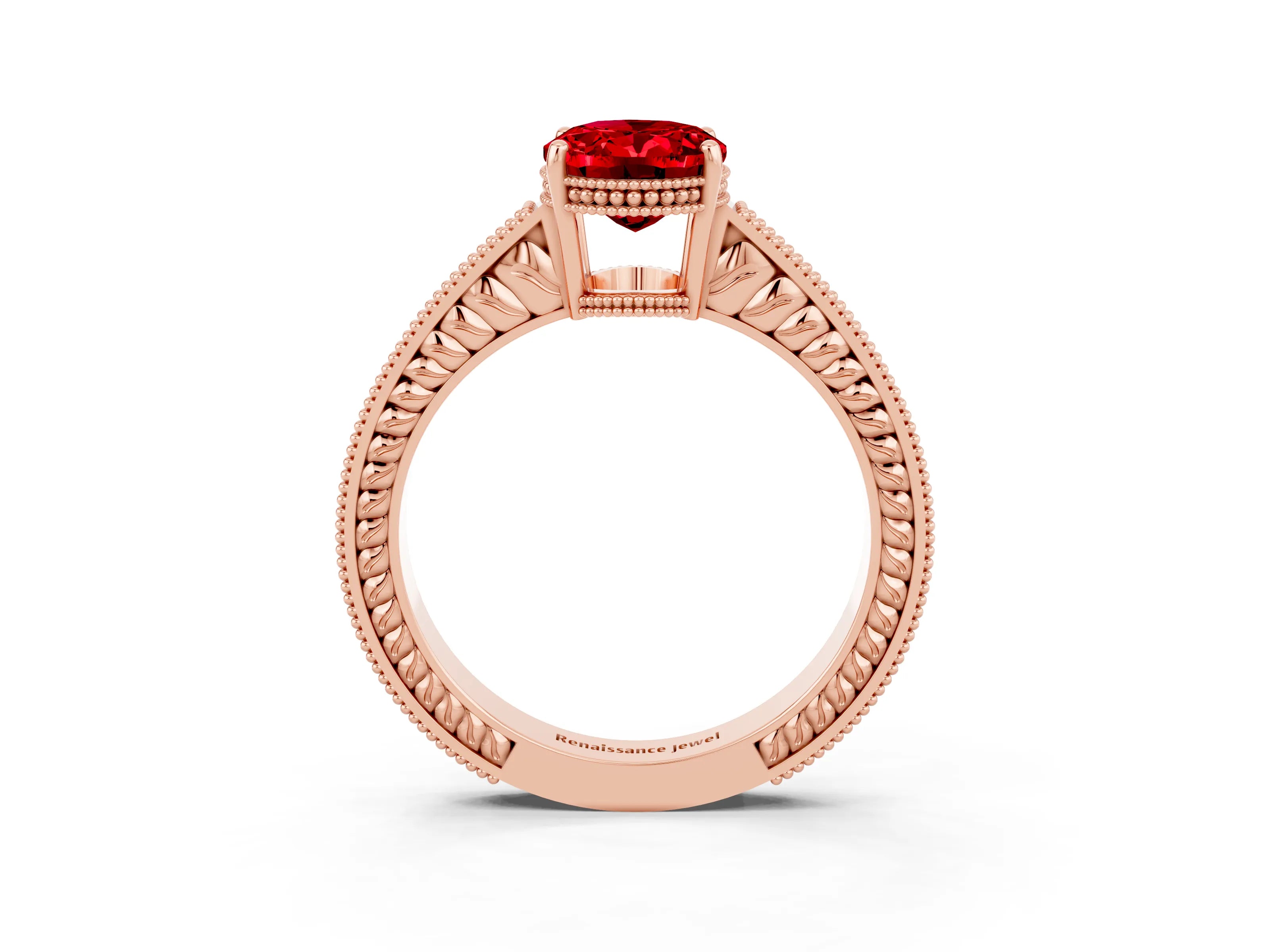 Rose gold Oval Cut Ruby Engagement Ring with Milgrain Channel Set Band and Prong Setting_3