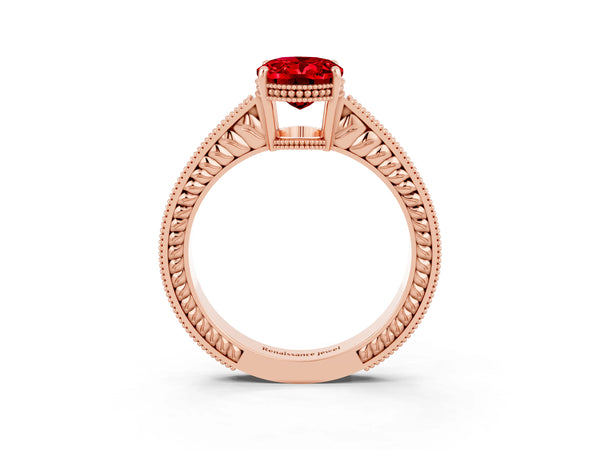 Rose gold Oval Cut Ruby Engagement Ring with Milgrain Channel Set Band and Prong Setting