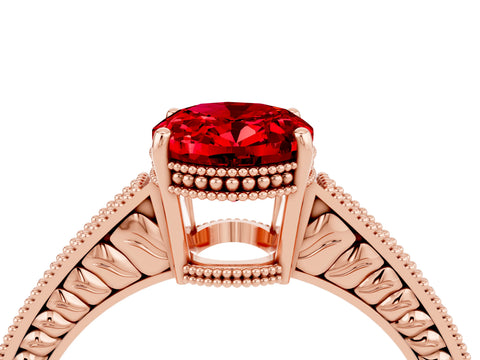 Rose gold Oval Cut Ruby Engagement Ring with Milgrain Channel Set Band and Prong Setting_4