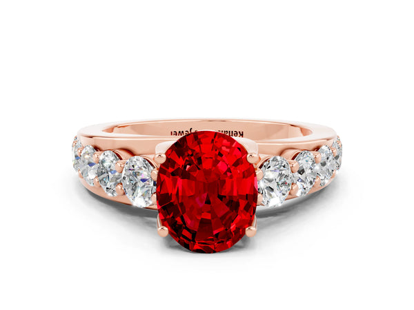 Rose gold Oval Cut Ruby Engagement Ring with Pavé Band and Four-Prong Setting