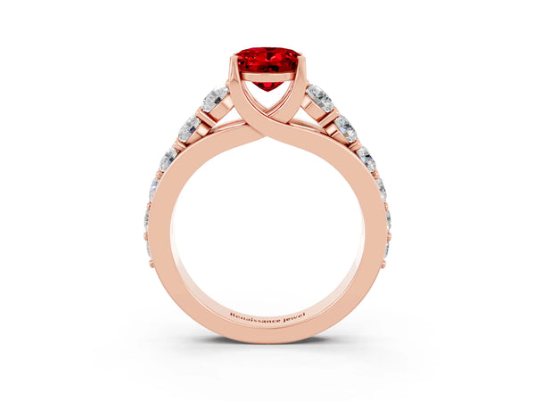 Rose gold Oval Cut Ruby Engagement Ring with Pavé Band and Four-Prong Setting