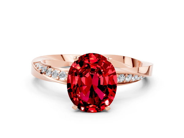 Rose gold Oval Cut Ruby Engagement Ring with Side Stone Accents and Four-Prong Setting