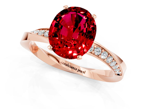 Rose gold Oval Cut Ruby Engagement Ring with Side Stone Accents and Four-Prong Setting