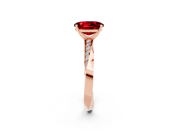 Rose gold Oval Cut Ruby Engagement Ring with Side Stone Accents and Four-Prong Setting