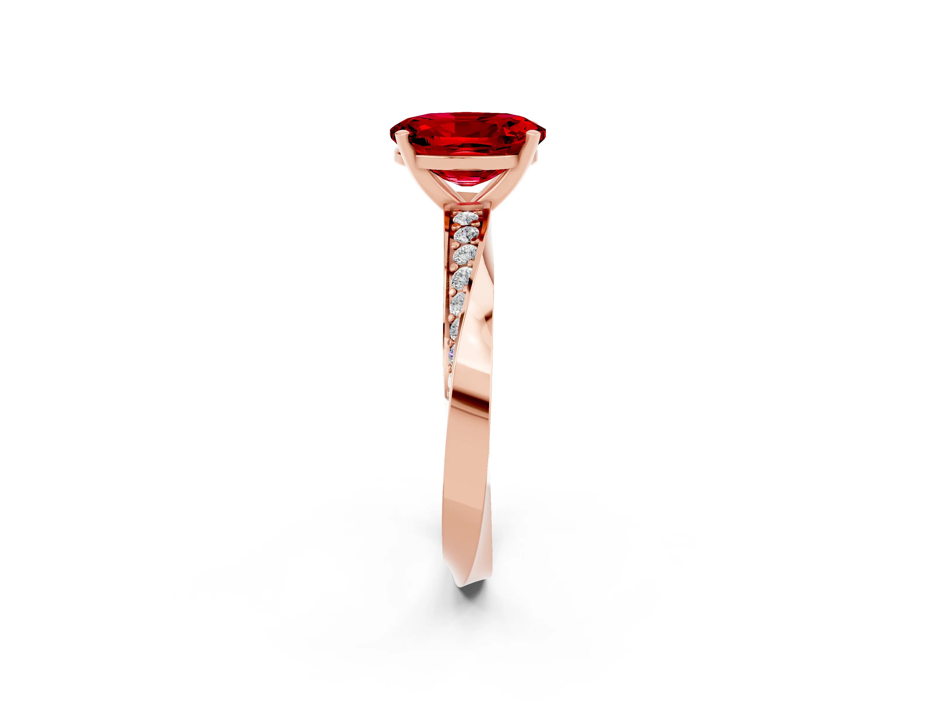 Rose gold Oval Cut Ruby Engagement Ring with Side Stone Accents and Four-Prong Setting_29
