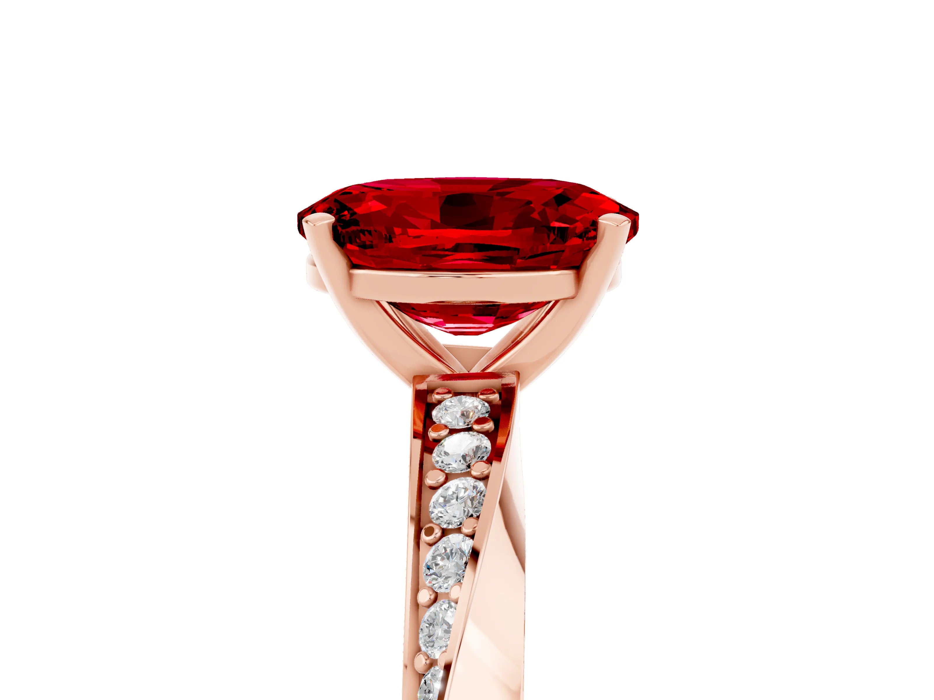 Rose gold Oval Cut Ruby Engagement Ring with Side Stone Accents and Four-Prong Setting_32