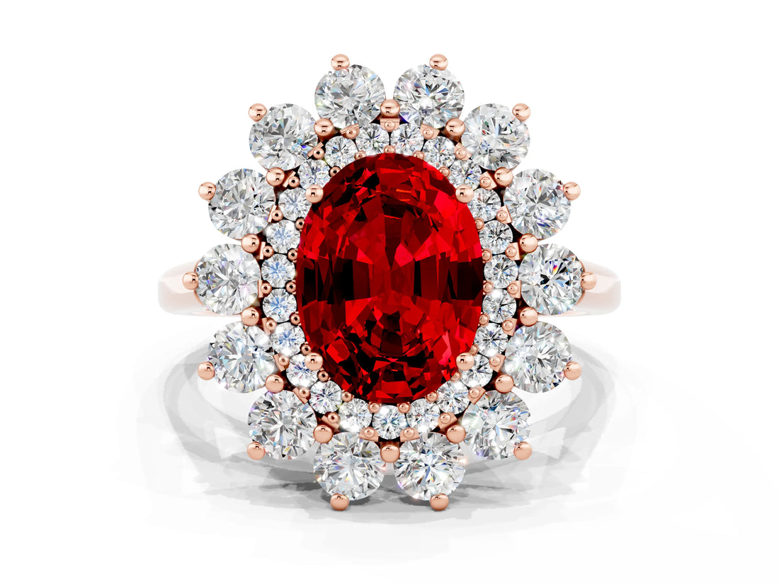 Rose gold Oval Cut Ruby Floral Double Halo Engagement Ring with Prong Setting_48