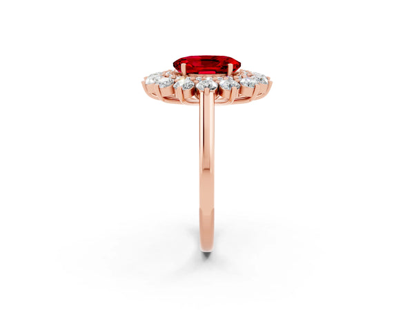 Rose Gold Oval Lab-Grown Ruby Floral Double Halo Engagement Ring with Plain Band