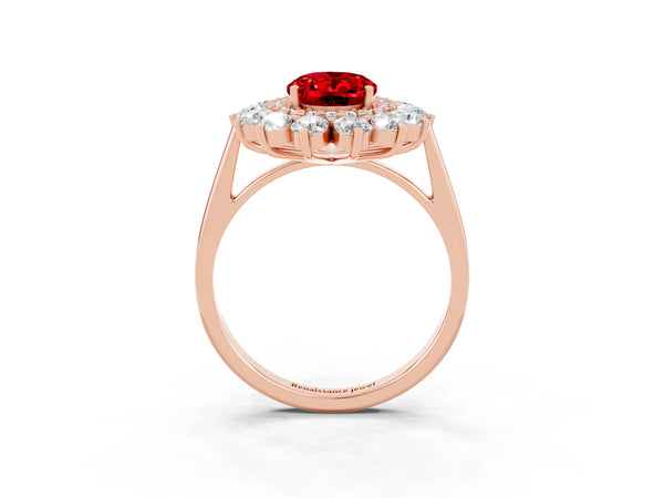 Rose Gold Oval Lab-Grown Ruby Floral Double Halo Engagement Ring with Plain Band