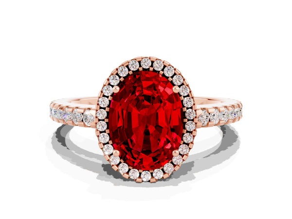 Rose gold Oval Cut Ruby Halo Engagement Ring with Pavé Band and Prong Setting