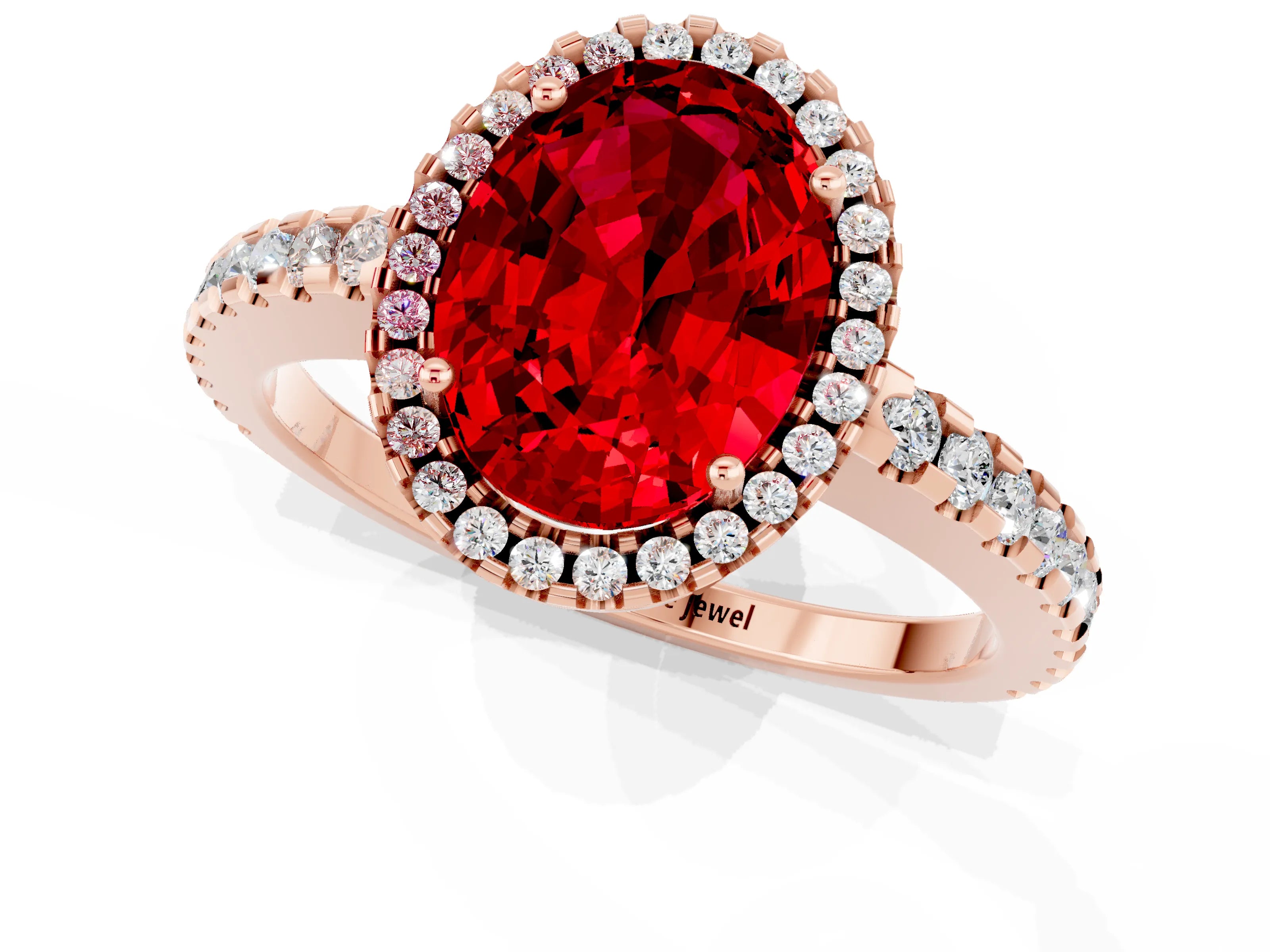 Rose gold Oval Cut Ruby Halo Engagement Ring with Pavé Band and Prong Setting_13