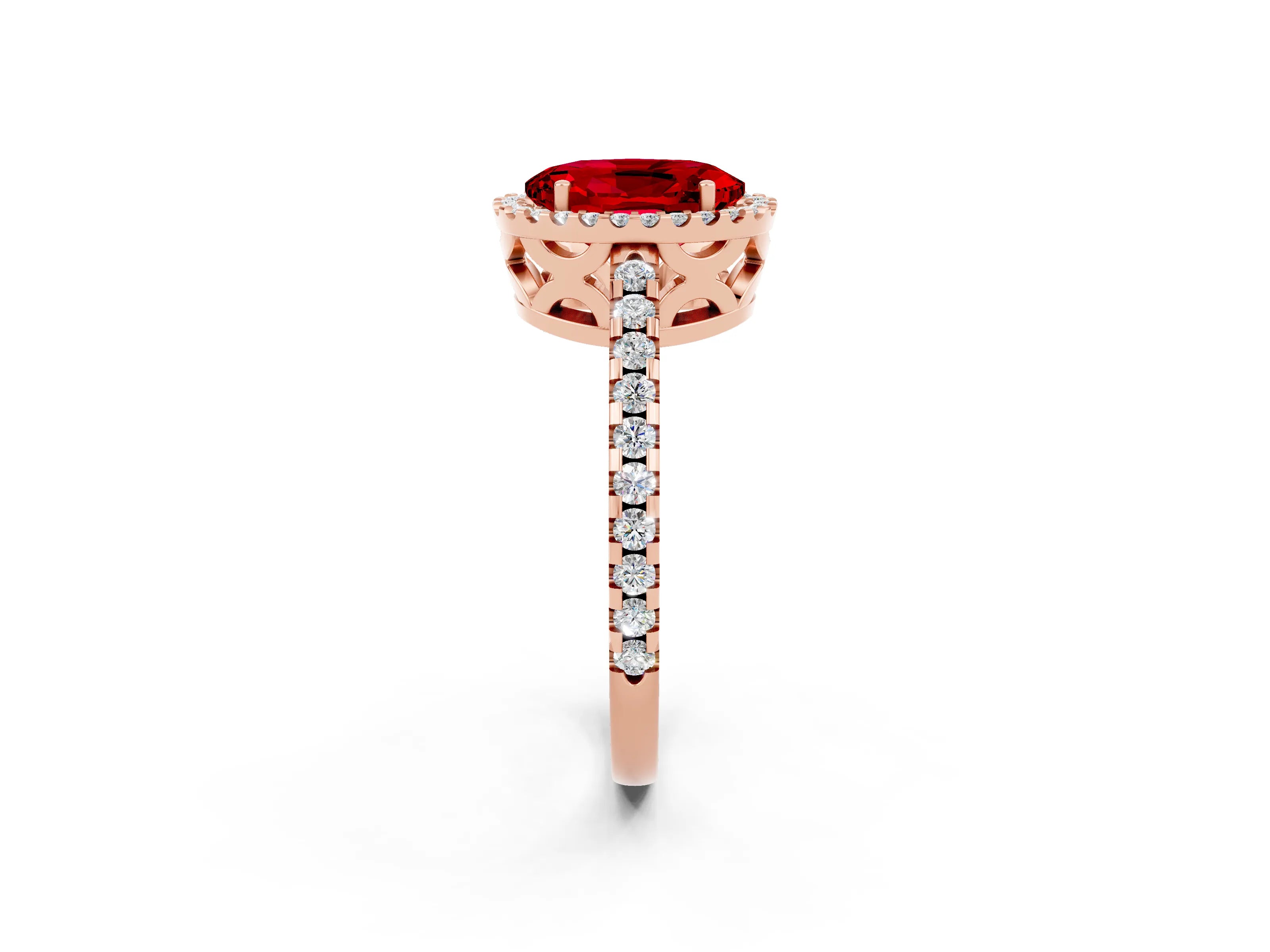 Rose gold Oval Cut Ruby Halo Engagement Ring with Pavé Band and Prong Setting_14