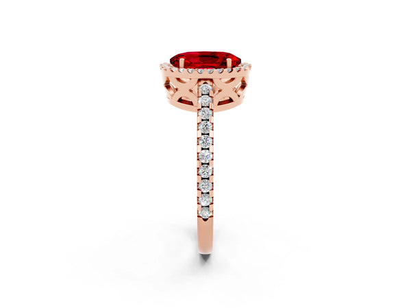 Rose gold Oval Cut Ruby Halo Engagement Ring with Pavé Band and Prong Setting