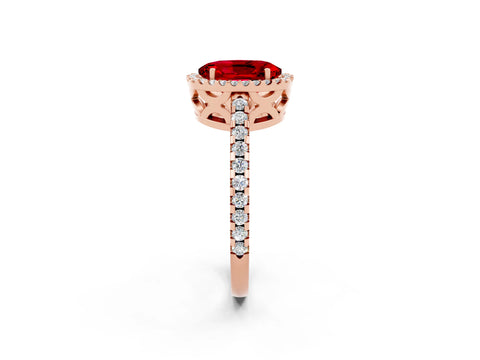 Rose gold Oval Cut Ruby Halo Engagement Ring with Pavé Band and Prong Setting_14