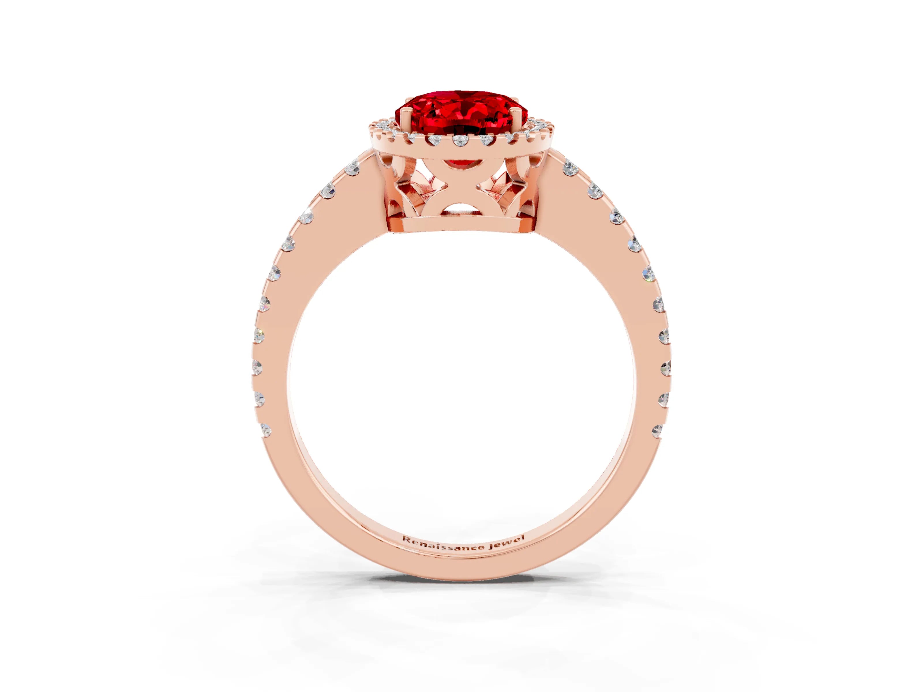 Rose gold Oval Cut Ruby Halo Engagement Ring with Pavé Band and Prong Setting_15