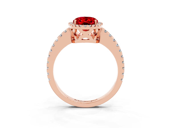 Rose gold Oval Cut Ruby Halo Engagement Ring with Pavé Band and Prong Setting
