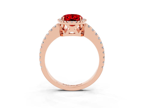 Rose gold Oval Cut Ruby Halo Engagement Ring with Pavé Band and Prong Setting_15