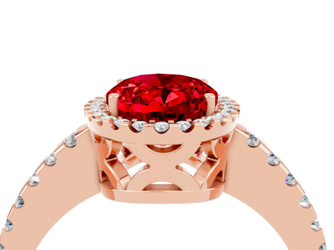 Rose gold Oval Cut Ruby Halo Engagement Ring with Pavé Band and Prong Setting_16