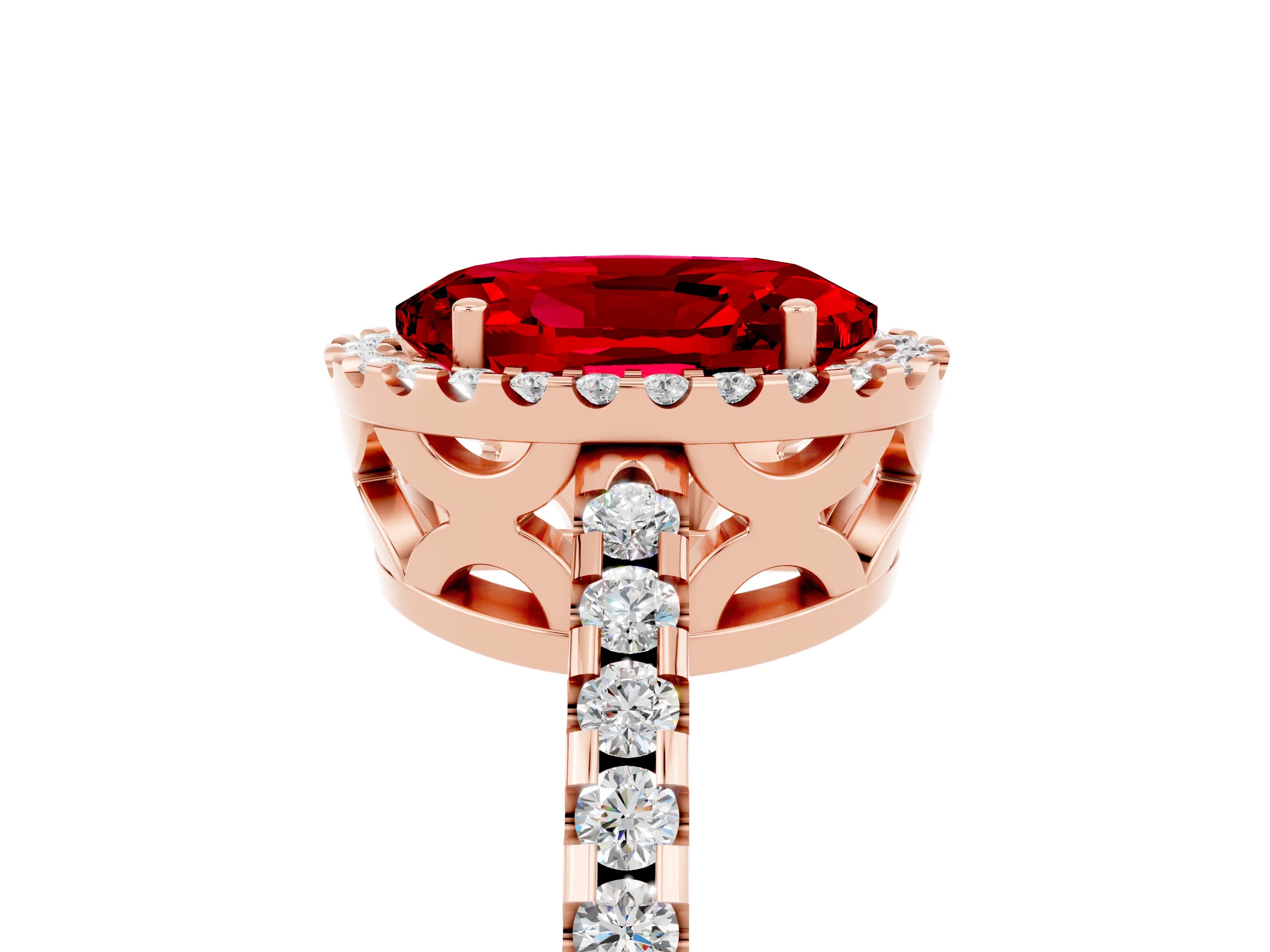 Rose gold Oval Cut Ruby Halo Engagement Ring with Pavé Band and Prong Setting_17