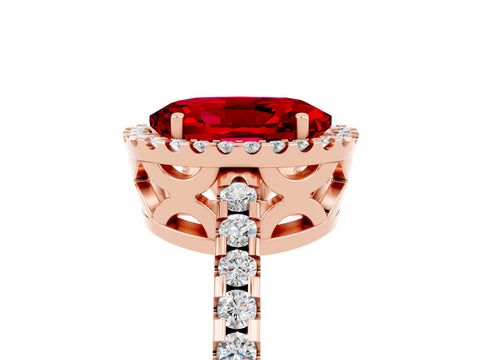 Rose gold Oval Cut Ruby Halo Engagement Ring with Pavé Band and Prong Setting_17