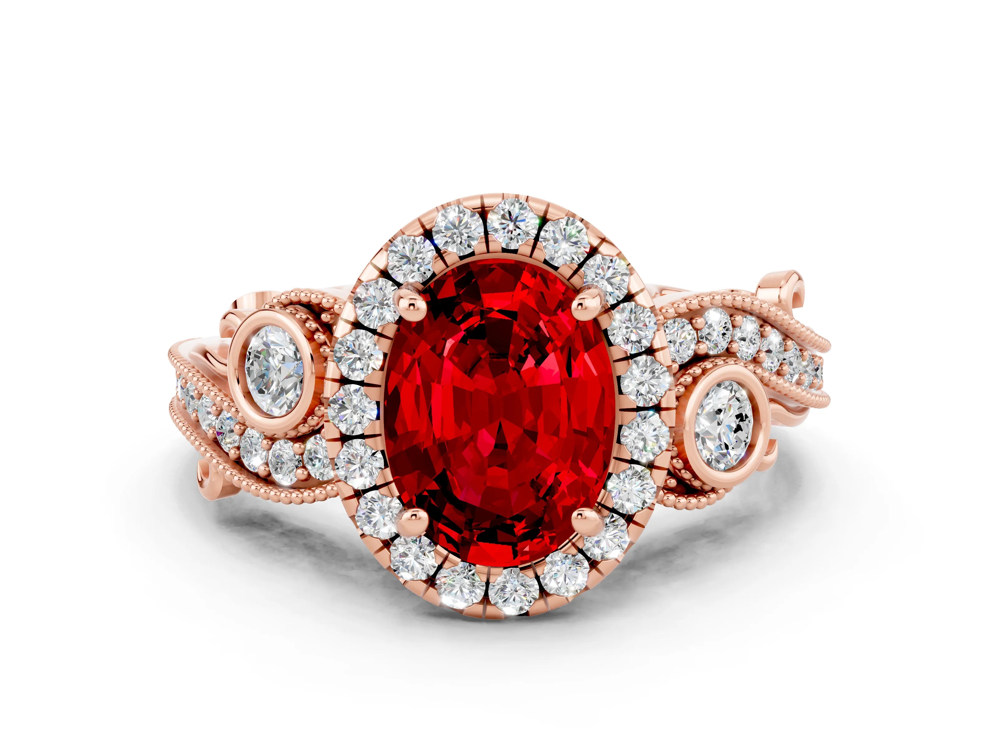Rose gold Oval Cut Ruby Halo Ring with Milgrain Pavé Band and Four-Prong Setting_31