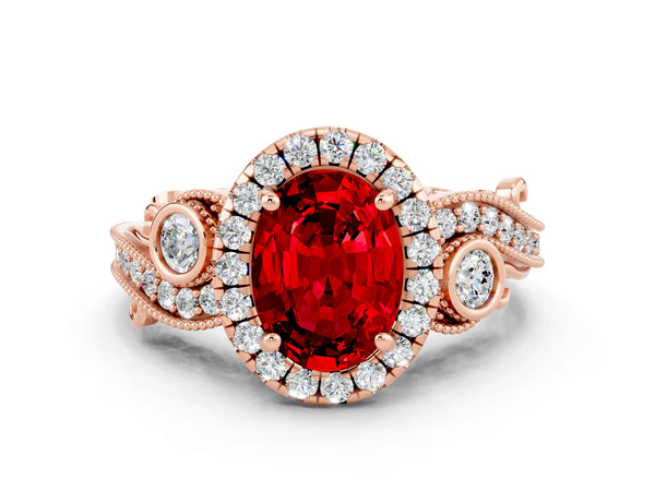 Rose gold Oval Cut Ruby Halo Ring with Milgrain Pavé Band and Four-Prong Setting