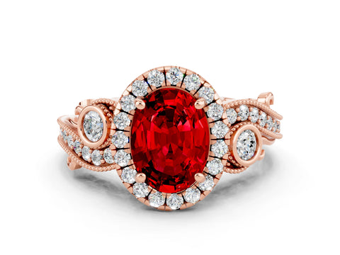 Rose gold Oval Cut Ruby Halo Ring with Milgrain Pavé Band and Four-Prong Setting_31