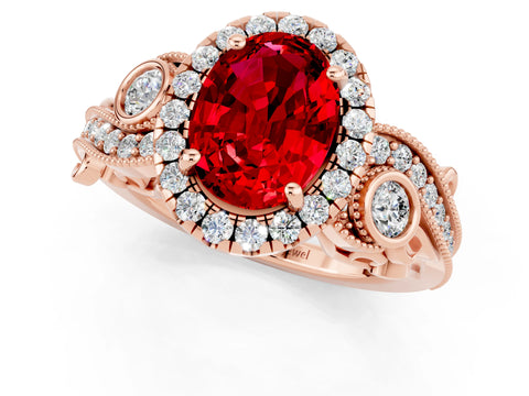 Rose gold Oval Cut Ruby Halo Ring with Milgrain Pavé Band and Four-Prong Setting_32