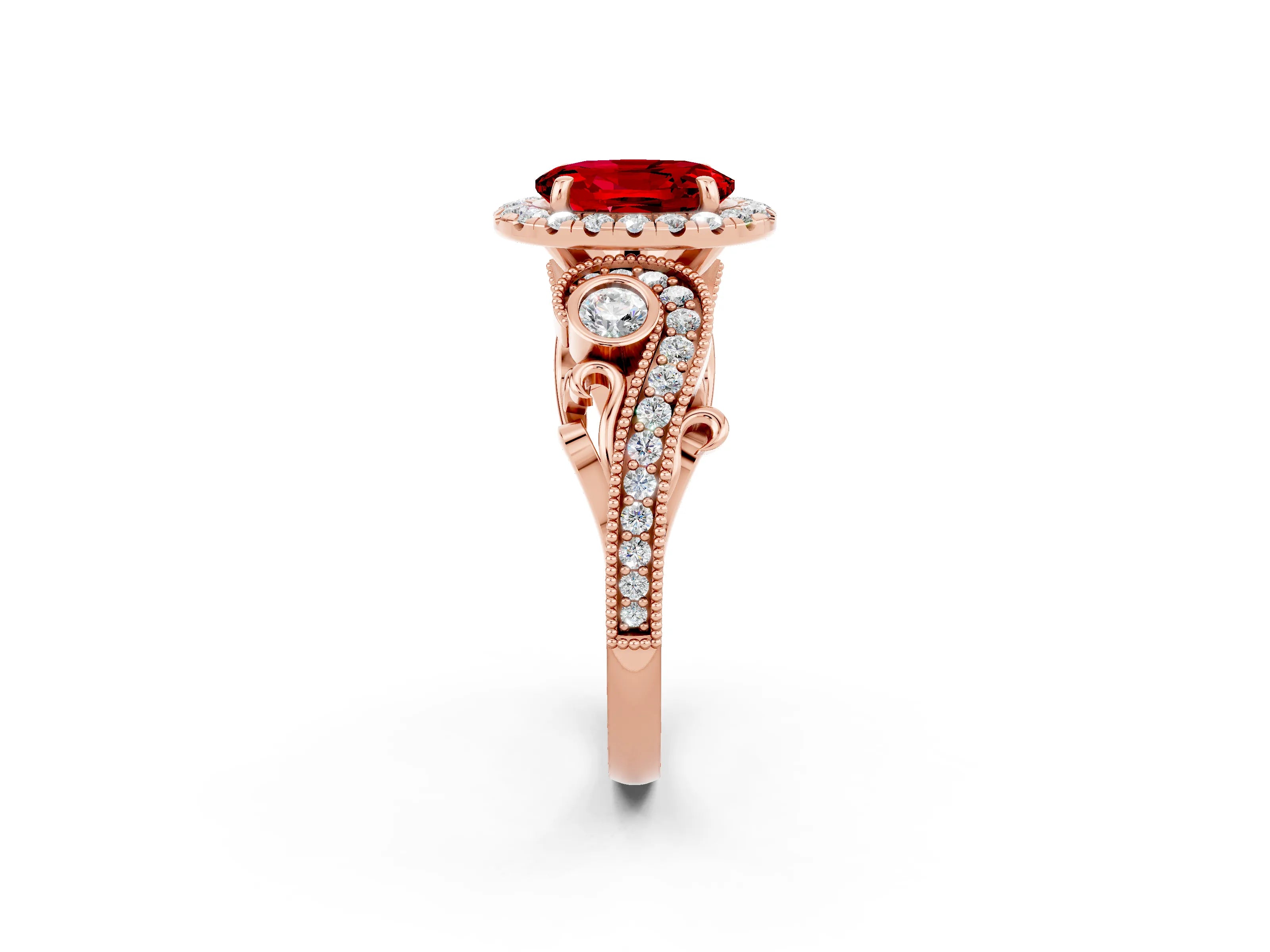 Rose gold Oval Cut Ruby Halo Ring with Milgrain Pavé Band and Four-Prong Setting_33