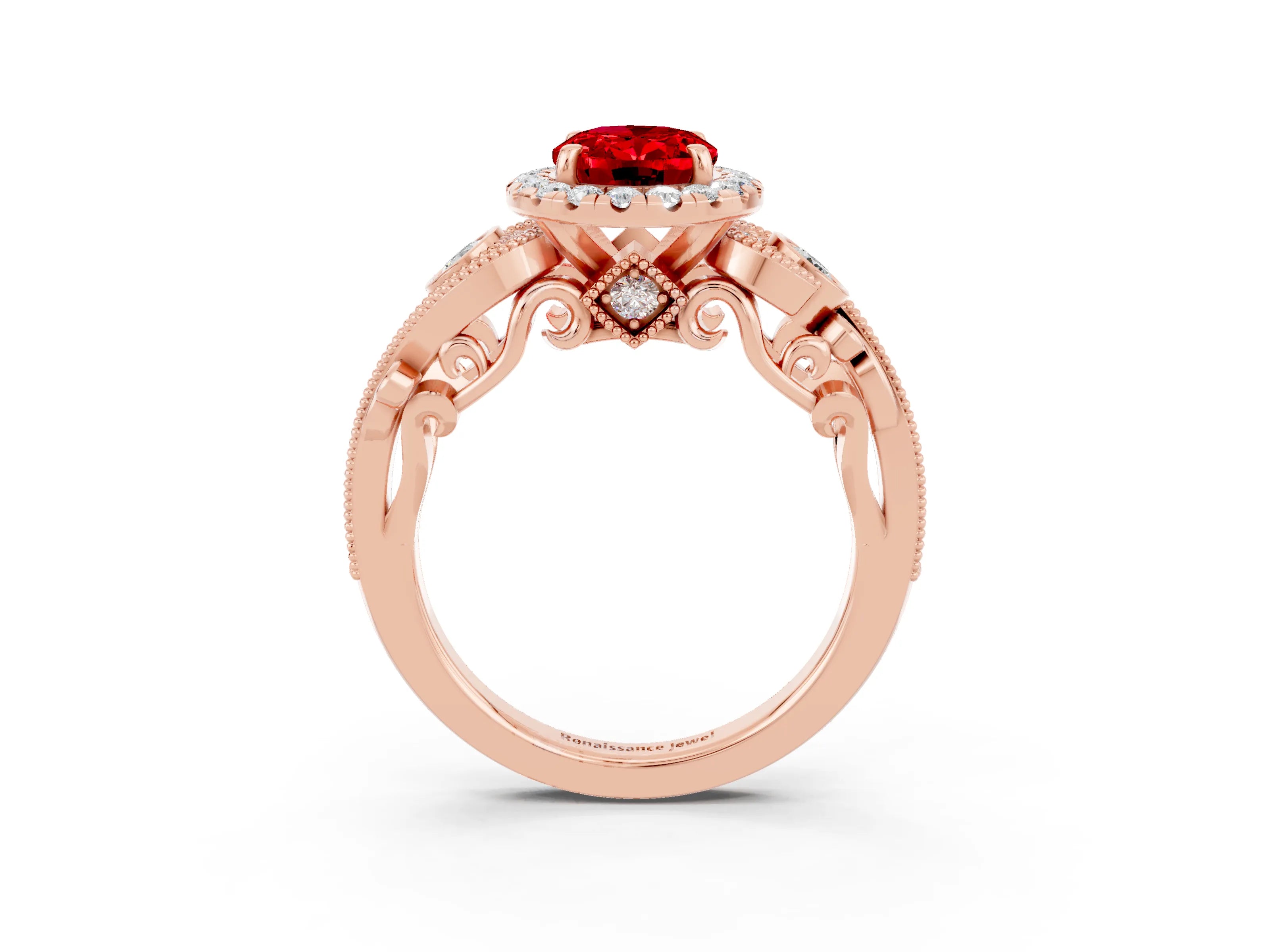 Rose gold Oval Cut Ruby Halo Ring with Milgrain Pavé Band and Four-Prong Setting_34