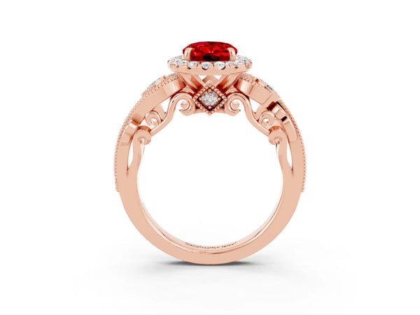 Rose gold Oval Cut Ruby Halo Ring with Milgrain Pavé Band and Four-Prong Setting
