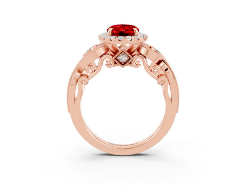 Rose gold Oval Cut Ruby Halo Ring with Milgrain Pavé Band and Four-Prong Setting_34