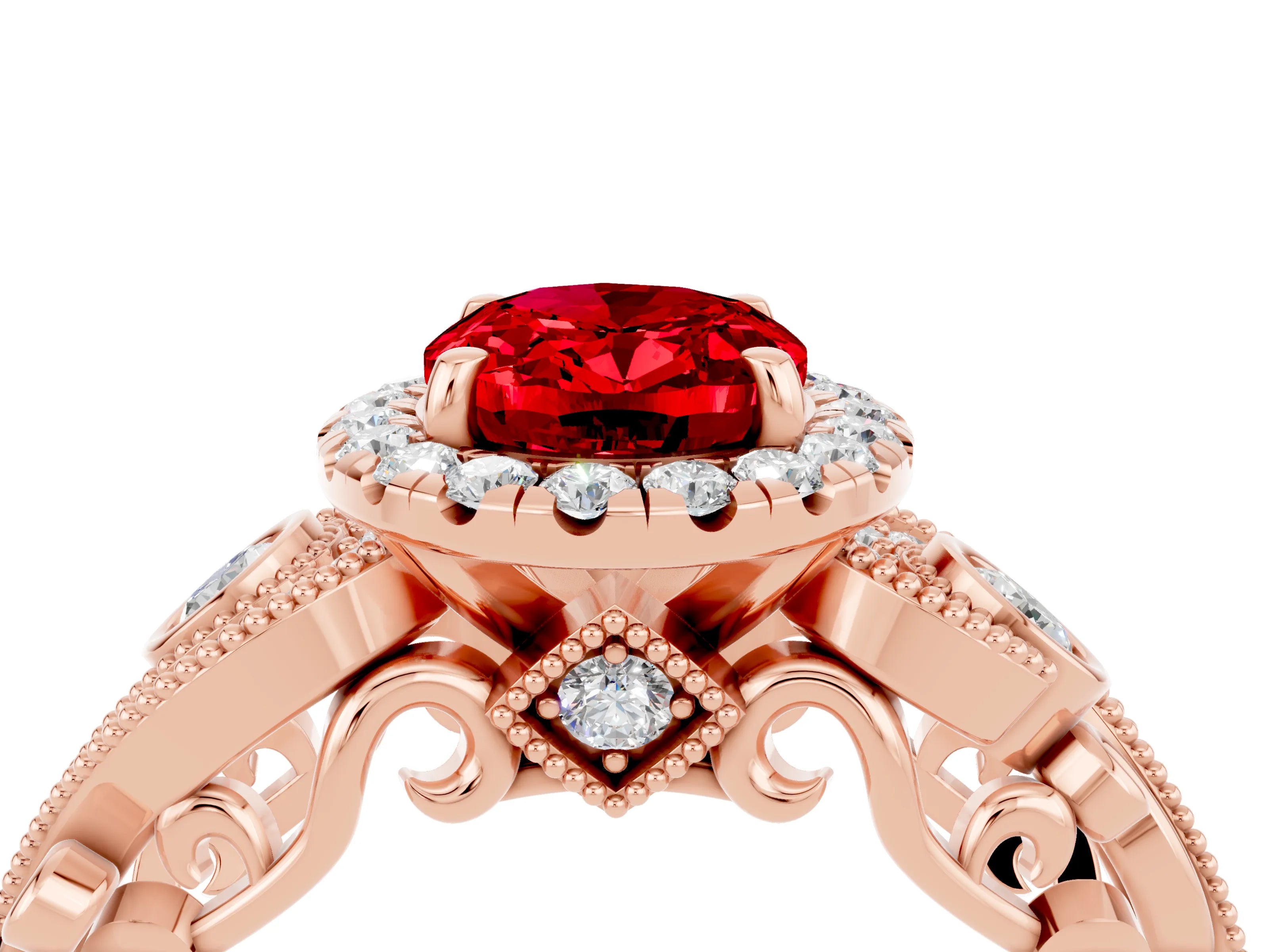 Rose gold Oval Cut Ruby Halo Ring with Milgrain Pavé Band and Four-Prong Setting_35