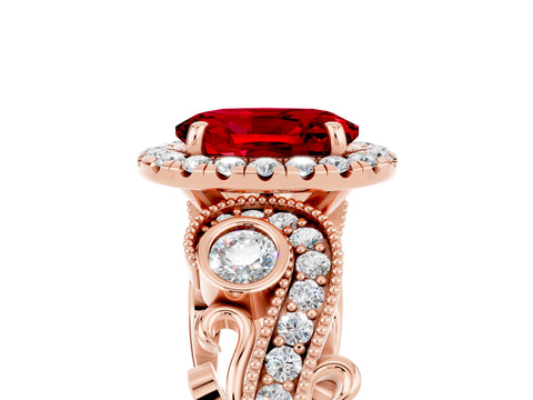 Rose gold Oval Cut Ruby Halo Ring with Milgrain Pavé Band and Four-Prong Setting_36
