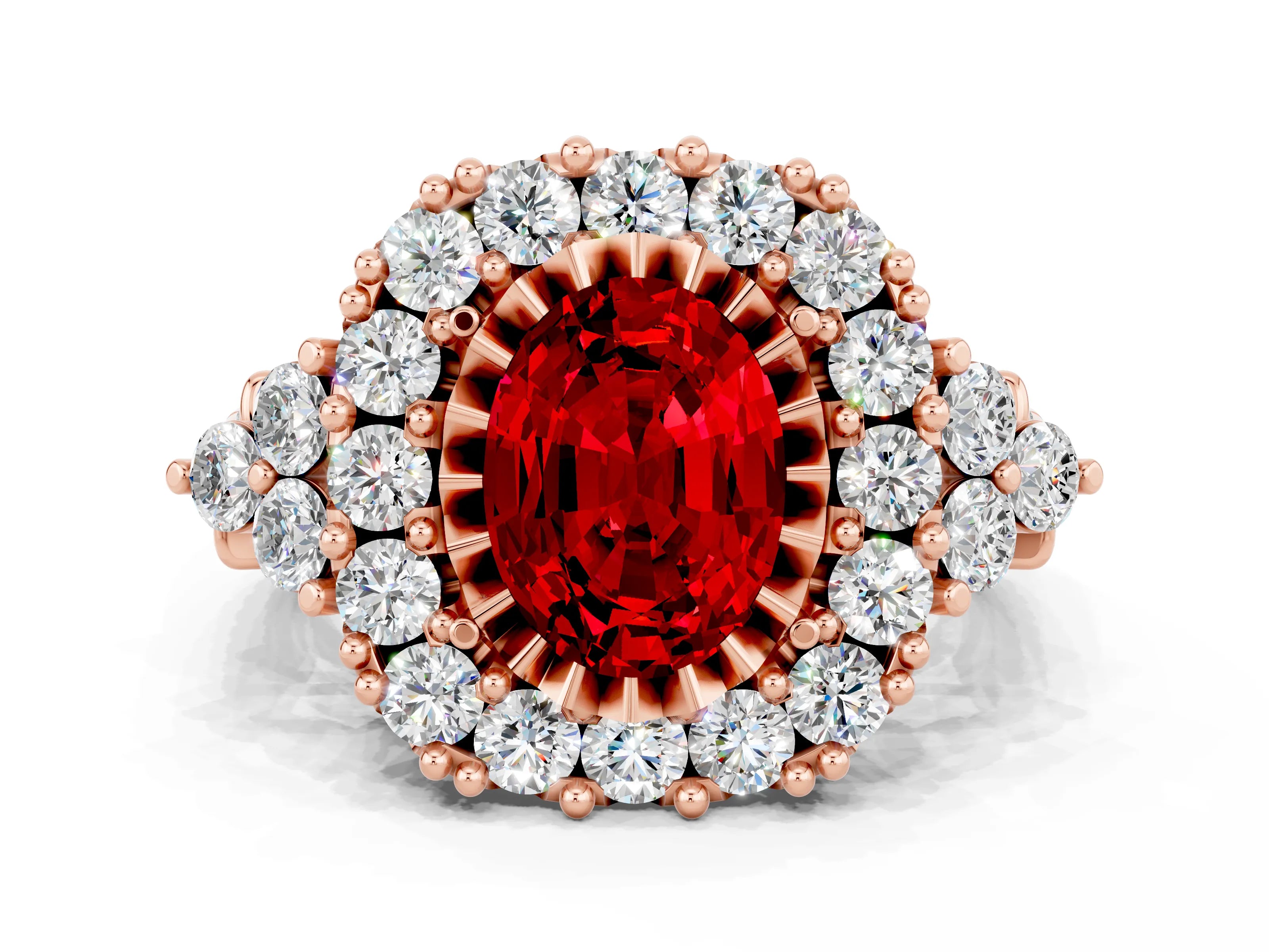Rose gold Oval Cut Ruby Halo Ring with Pavé Band and Four-Prong Setting_12