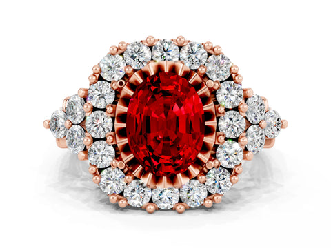 Rose gold Oval Cut Ruby Halo Ring with Pavé Band and Four-Prong Setting_12