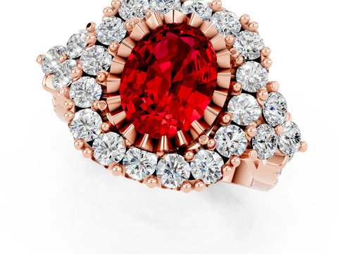 Rose gold Oval Cut Ruby Halo Ring with Pavé Band and Four-Prong Setting_13