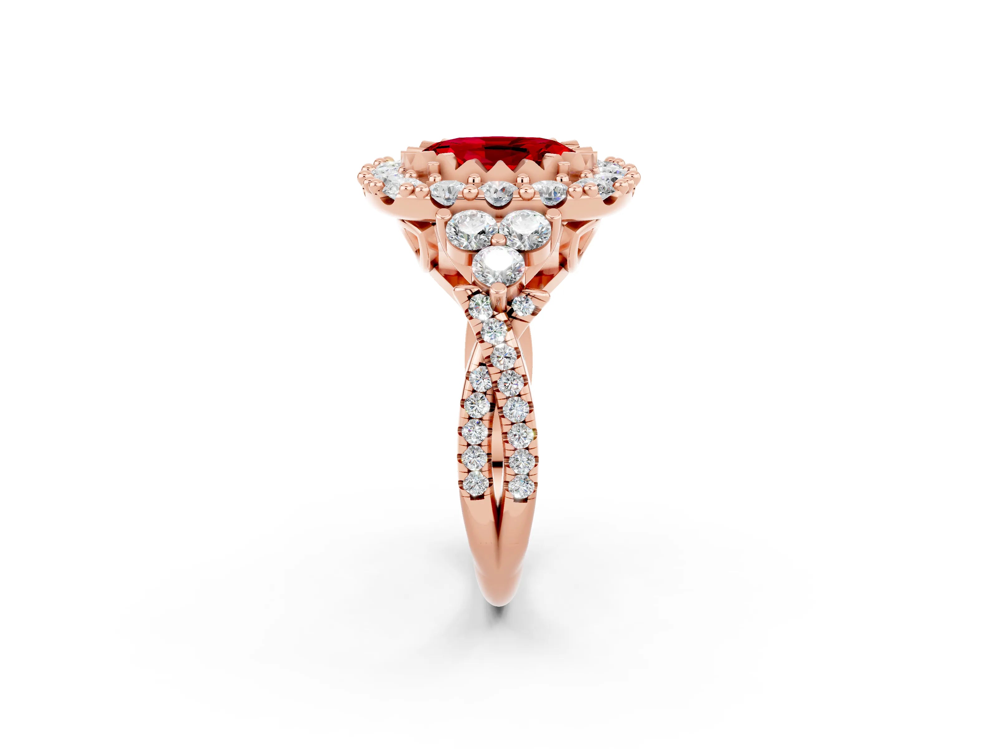 Rose gold Oval Cut Ruby Halo Ring with Pavé Band and Four-Prong Setting_14
