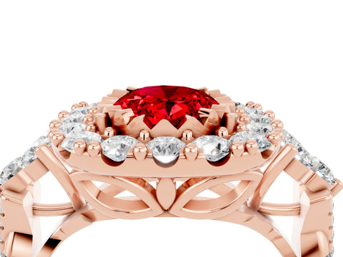 Rose gold Oval Cut Ruby Halo Ring with Pavé Band and Four-Prong Setting_16