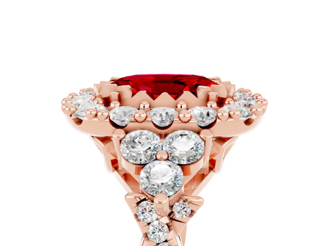 Rose gold Oval Cut Ruby Halo Ring with Pavé Band and Four-Prong Setting_17